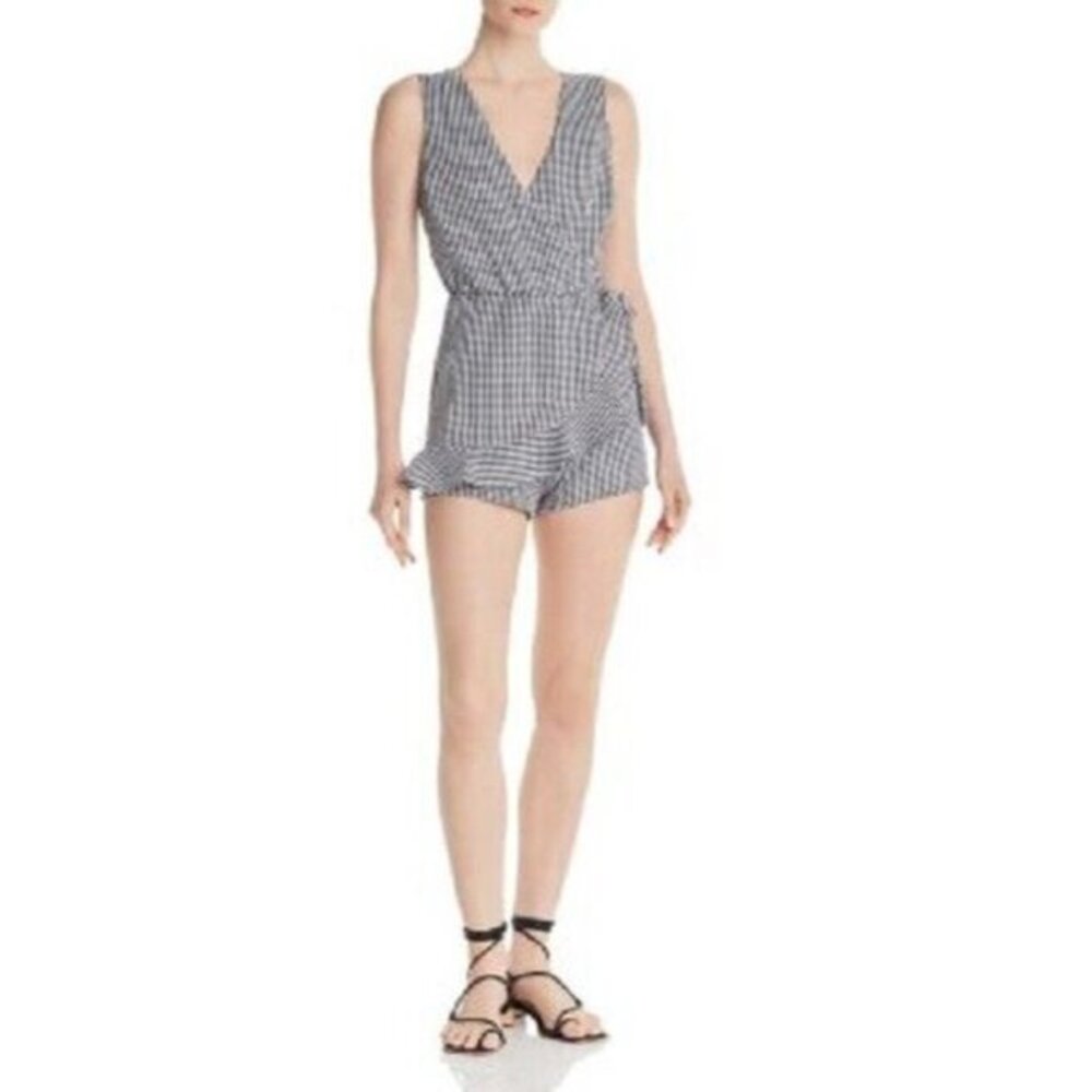 Aqua Romper Playsuit Elastic Waist Gingham Sleeveles Faux Wrap Tie SZ M NWT